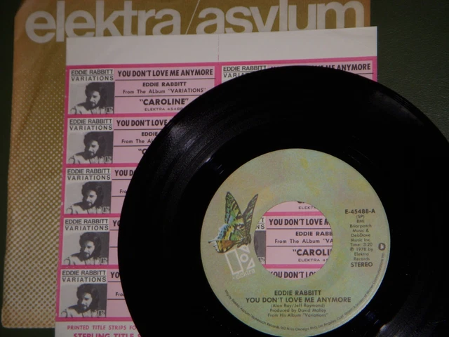 EDDIE RABBITT You Don't Love Me Anymore 45 RPM 7" + UNUSED JUKEBOX STRIPS SHEET