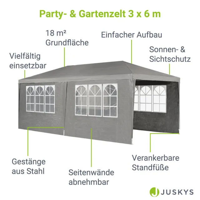 Partyzelt Pavillon Gartenzelt Gartenpavillon Festzelt Gazebo 3x6 m grau Juskys® 3