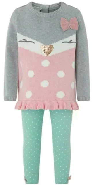 Monsoon Baby Girls Knit Set Jumper & Tights Grey & Pink Age 2-3 yrs BNWT