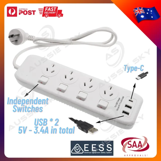 Surge Protector Power Board 4 Way USB-C USB-A Port Individual Switch Power Strip