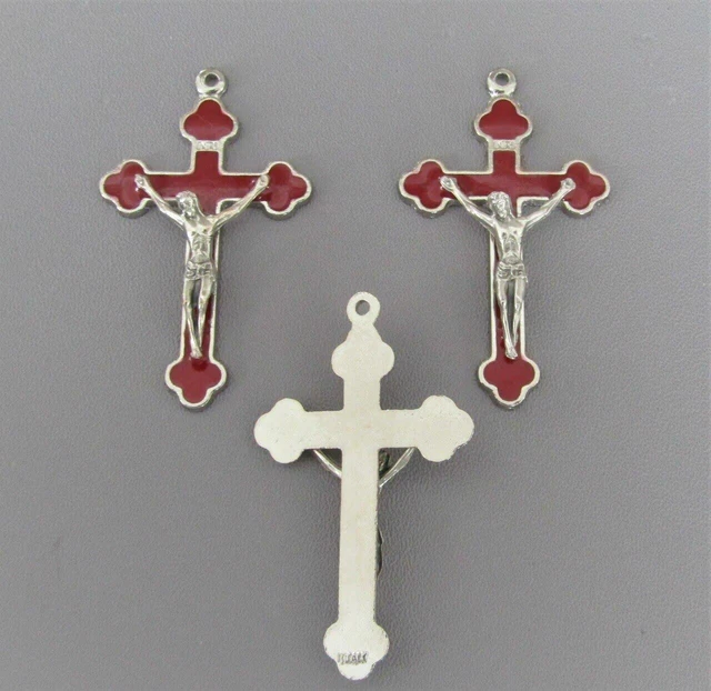 3 pc RED & Silver Rosary Crucifixes Crosses ITALY Rosaries parts C123R