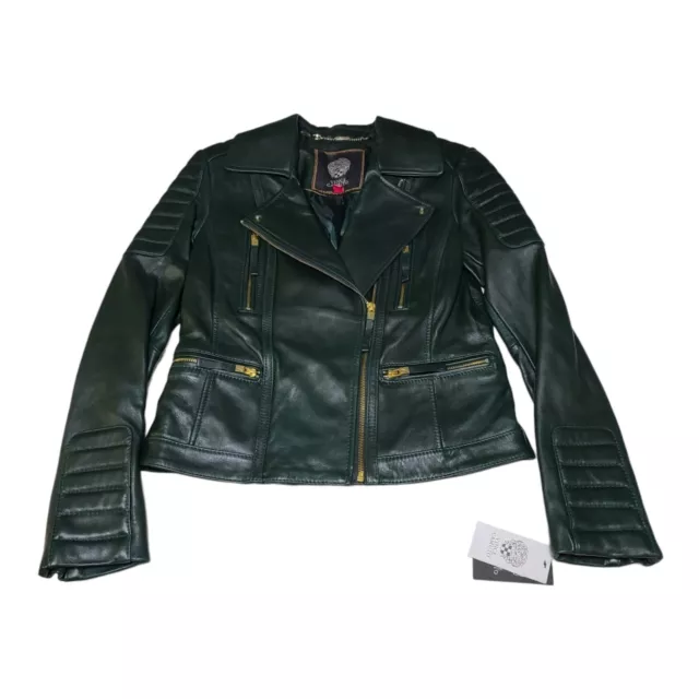 NWT Vince Camuto Leather Moto Jacket Biker Hunter Green Women's Petite XS