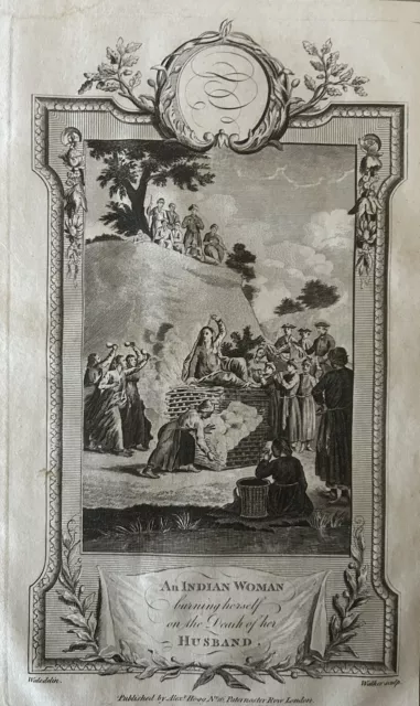 1782 Sati Funeral Pyre in India Original Antique Copper Plate Engraving