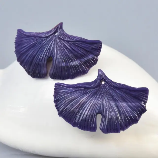 Ginkgo Leaf Earring Pair Natural Purple Clam Shell Carving Handmade 3.34 g