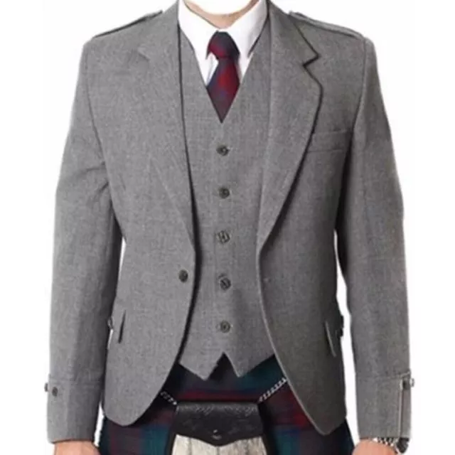 Scottish Grey Argyle Kilt Jacket & Vest 100% Wool Wedding Kilts Jacket For Men