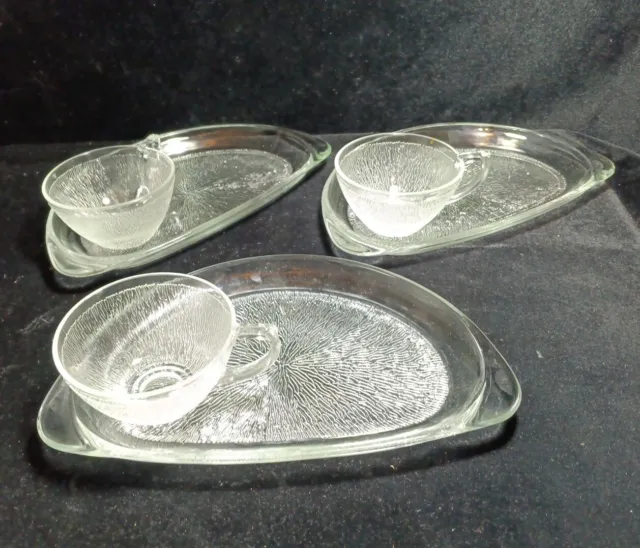 50s Federal Glass Hospitality Snack Set Crystal Starburst with 3 Trays 3 Cups