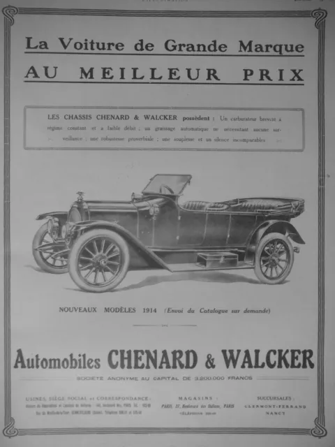 Publicité De Presse 1913 Automobiles Chenard & Walcker - Advertising