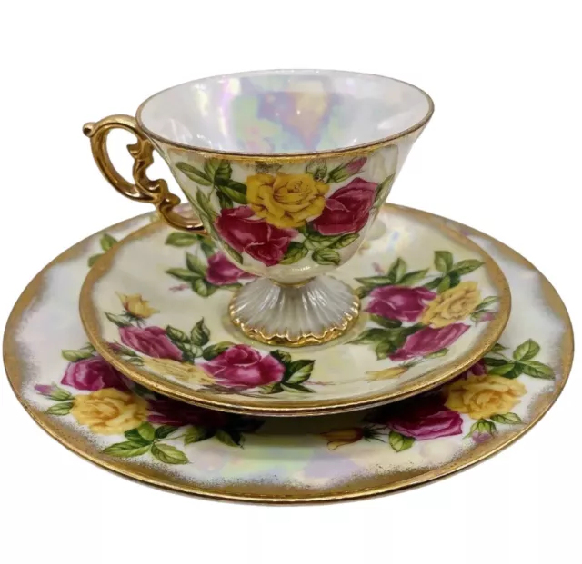 1950s Ucago June Rose Iridescent Pedestal Tea Cup & Saucer w/ Dessert Plate