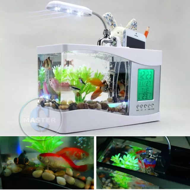 Led Light Fish Water Tank Table Aquarium Usb Digital Calendar Alarm Clock Lamp