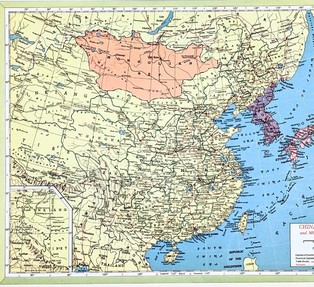 1954 China Mongolian Republic Map Great Wall Canals Hong Kong Taiwan Korea