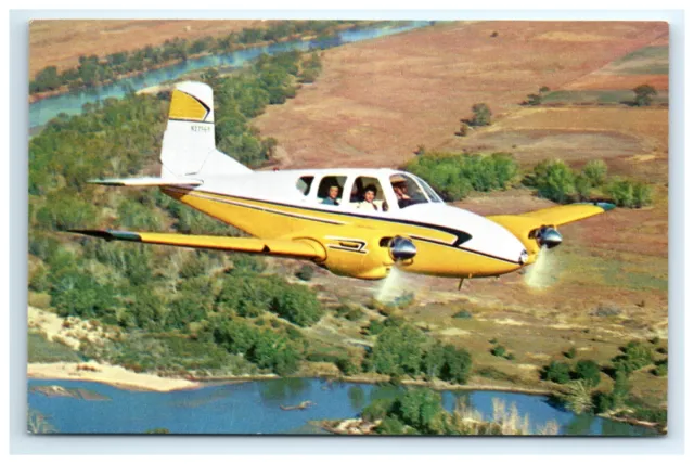 Postcard 1959 Beechcraft Travel Airplane in Flight Chrome Unposted Aerial View