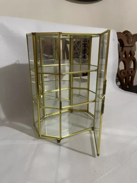 Brass & Glass Mini Curio Cabinet  Jewelry Trinket 3 Panel Display Vintage