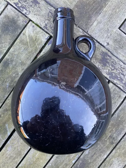 Antique 1800’s Hand blown  Dark Brown Glass Wine Bottle Flask With Loop Handle