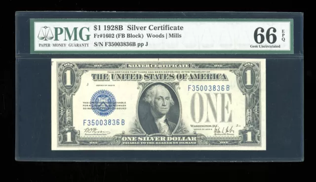 DBR 1928-B $1 Silver Funnyback Fr. 1602 FB Block Gem PMG 66 EPQ Ser # F35003836B