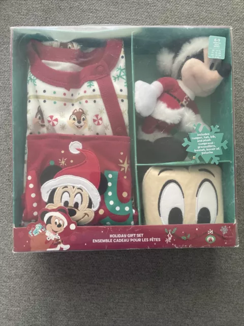 NIP Disney Santa Mickey Mouse Baby Christmas Gift Set ROMPER HAT BIB PLUSH 6-9m