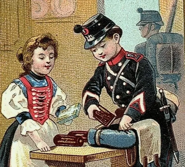 1900 Gala Peter Swiss Milk Chocolates Trade Card French Victorian Soldier & Lady 1900 Gala Peter Swiss Milk Chocolates Trade Card French Victorian Soldier & Lady