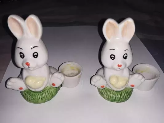 2   Bunny  Easter Spring  Candle Holder Ceramic