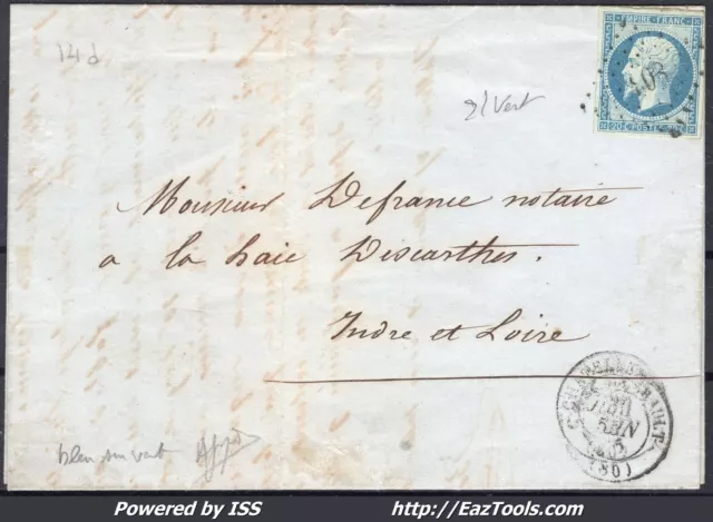 FRANCE EMPIRE 20c BLEU SUR VERT N° 14Am SUR LETTRE DU 30/06/1855 SIGNÉ CALVES