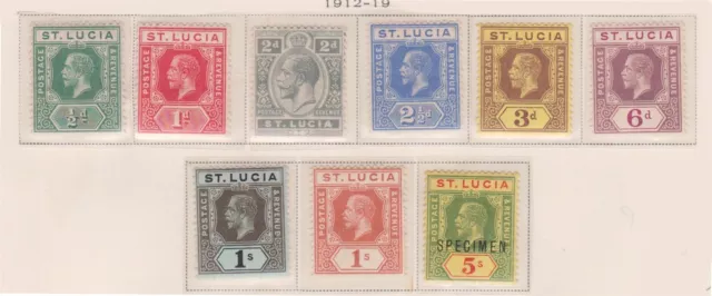 (F220-30) 1912-19 St Lucia set of 9stamps KGV 1/2d to 5/- (O/P SPECIMEN) MH (AE)