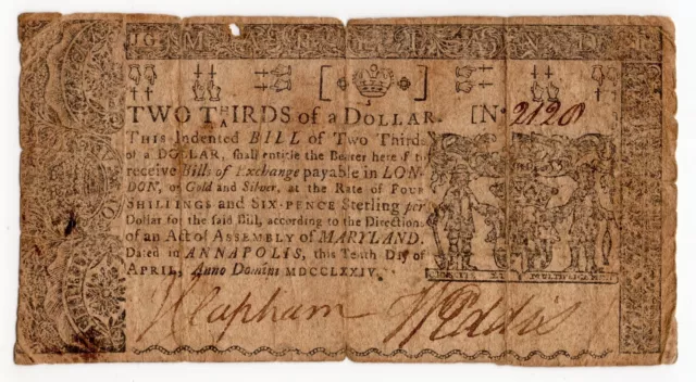 Maryland April 10, 1774 $2/3 Colonial - Circulated