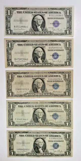 Lot of 5, silver cert. 1935 & 1957 series $1 dollar bill blue seal, lot 2