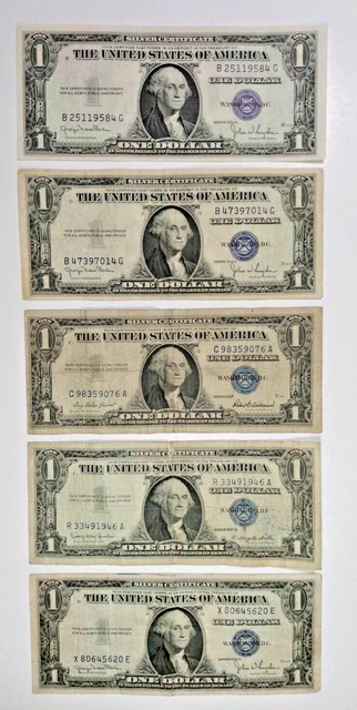 Lot of 5, silver cert. 1935 & 1957 series $1 dollar bill blue seal, lot 2