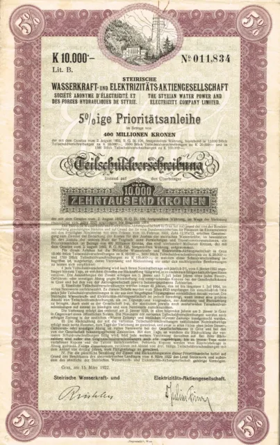 AUSTRIA WATER POWER bond/ stock certificate 1922