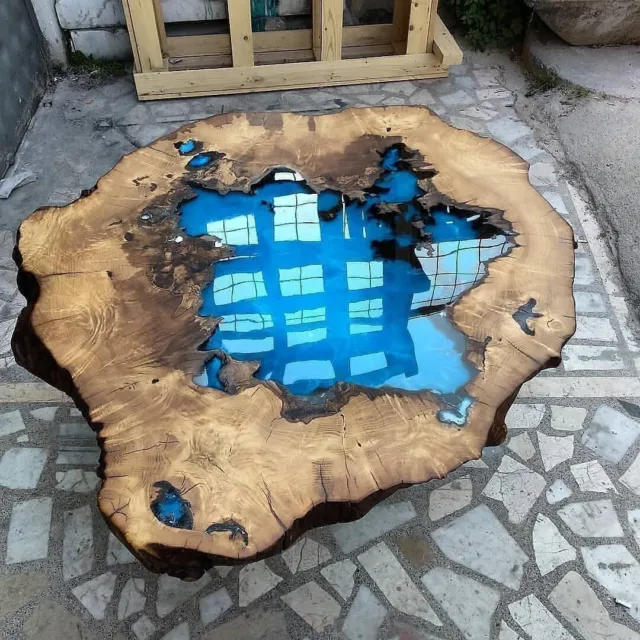 Round Wooden Live Edge Blue Ocean Epoxy Resin River Table Top Loved Ones Gifts