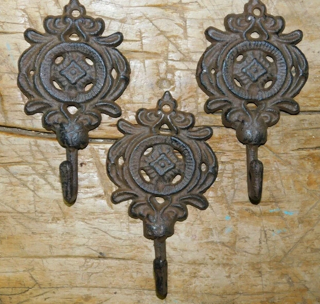 3 Cast Iron Antique Style VICTORIAN Coat Hooks Hat Hook Rack Towel Hanger