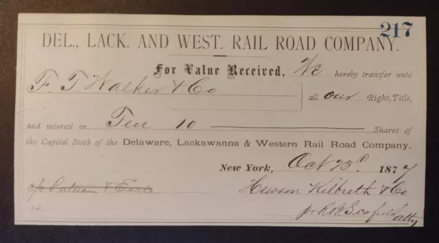 1877 Delaware Lackawanna Western Railroad Capitol Stock Transfer Certificate 217