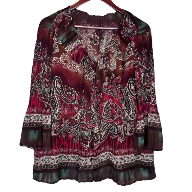 Signature Larry Levine Womens 3/4 Bell Sleeve Paisley Keyhole Accordian Top SZ L