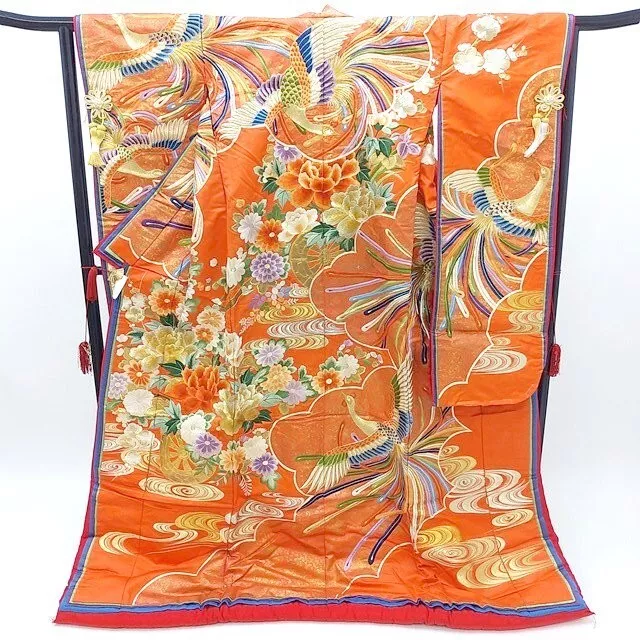 Uchikake Kimono Japanese Wedding Robe Silk Phoenix Flower Orange tassels F/S