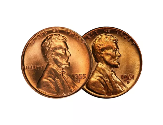 1955 S 1961 D Lincoln Wheat Memorial Cent 1c Brilliant Uncirculated 2 Set