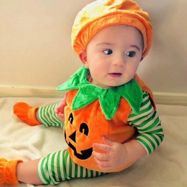 Soft Toddler Baby Boys Girls Halloween Pumpkin Romper Jumpsuit+Hat+Shoes Outfits