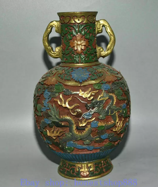 12.2" Old Chinese lacquerware Painting Dynasty Palace Dragon Flower Bottle Vase