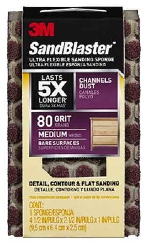 Sandblaster 3M, 80 grano medio, 4,5"" x 2,5"" x 1", esponja de lijado ultra flexible