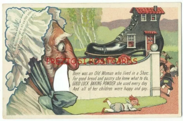 Novelty GOOD LUCK BAKING POWDER Old Woman & Shoe POEM ca1902 - FINGERS As LIPS!