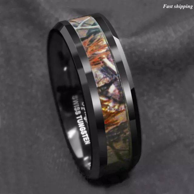 Black Tungsten Men's Red Forest Camouflage Camo Hunting ATOP Band Ring Size 6-13 2