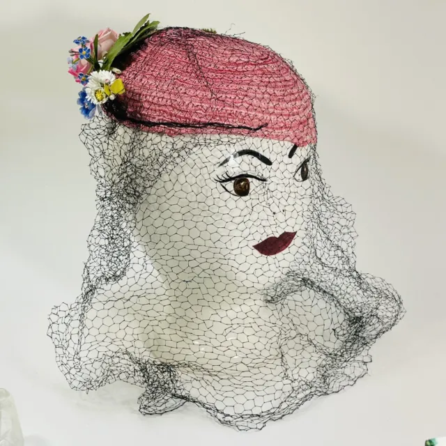 VINTAGE Pink Skull Cap Pillbox Hat with Flowers Net/ Veil