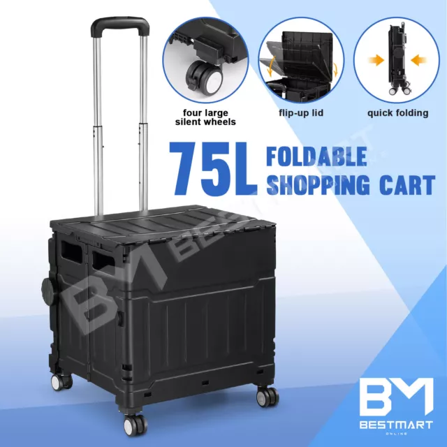 Folding Shopping Cart Trolley 75L Grocery Storage Crate Rolling Wheels Carts