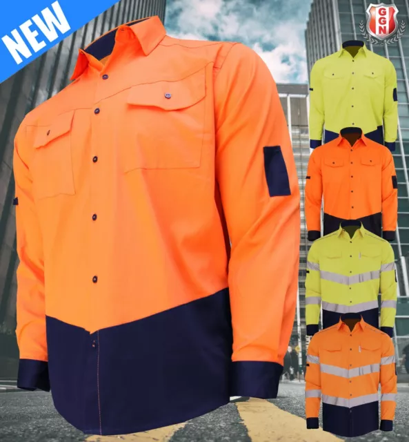 BigBEE Work Shirt Long Sleeve Hi Vis Safety wear Men's workwear Orange Yellow