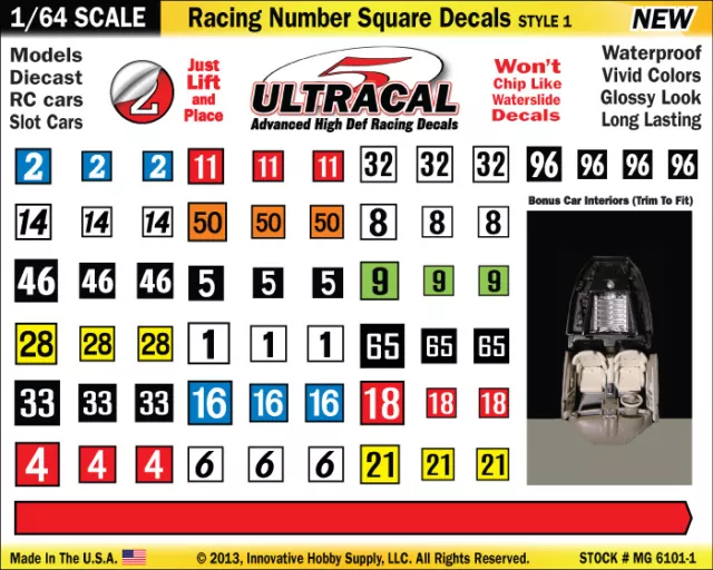 1/64 High Def Ultra-Cal Racing Number Square Decals Fits Aurora, Lifelike