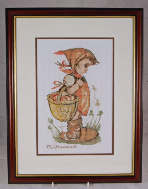 Framed Cross-stitched Hummel - Girl with Basket - Frame: 39x30cm Canvas:25x16cm