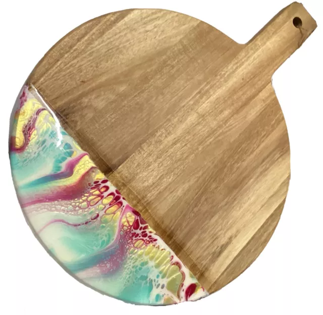 Rainbow & Gold Poured Resin 40cm x 30cm Wooden Serving Pizza Cheese Board Paddle
