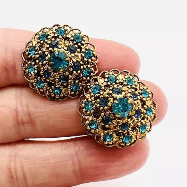 West Germany Aquamarine Rhinestone Ornate Earrings Signed Vintage Jewelry