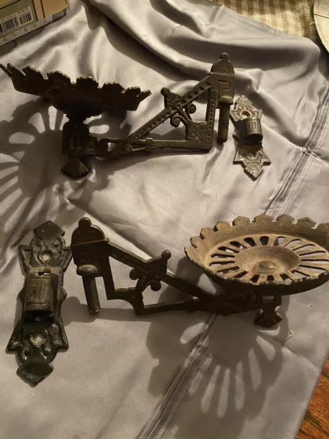 Antique Victorian Ornate Cast Iron Oil Lamp Holder Wall Sconce Eastlake. Pair