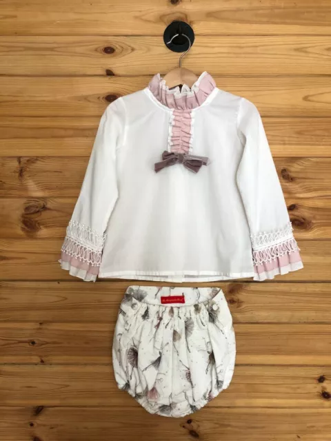 La Marquesita Real Set Age 3 White & Pink Shirt and Knickers Two Piece Girls