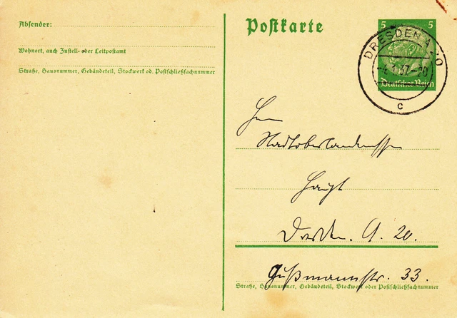 Post Deutschland Deutsches Reich Bedarfskarte, Dresden 04.01.37