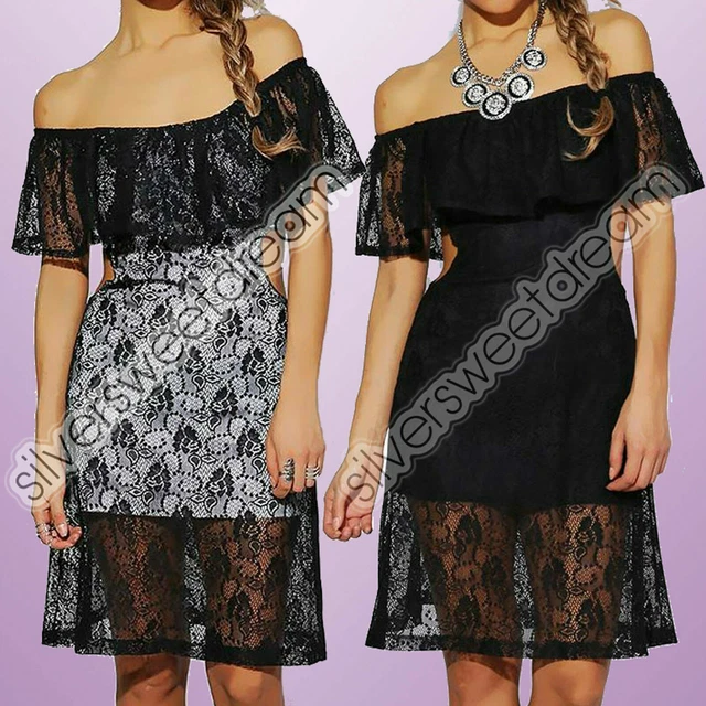 Vestito elegante PIZZO donna cerimonia SPALLE SCOPERTE sexy PARTY ITALIA RICAMO