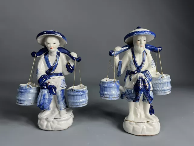 VTG Blue White Porcelain Pair of Chinese Fisherman & Woman Gatherer